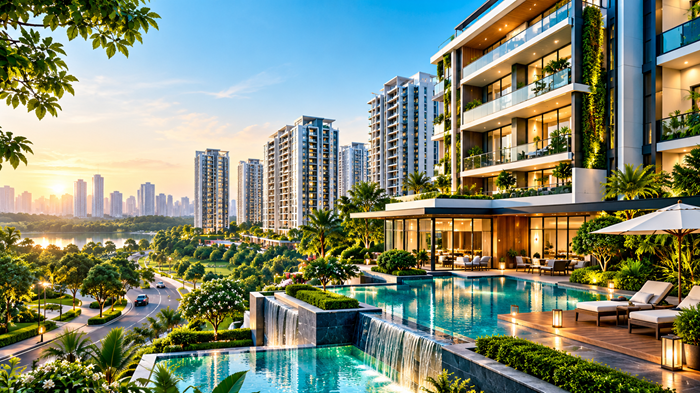 Architectural visualization of contemporary premium residential buildings surrounded by landscaped greenery